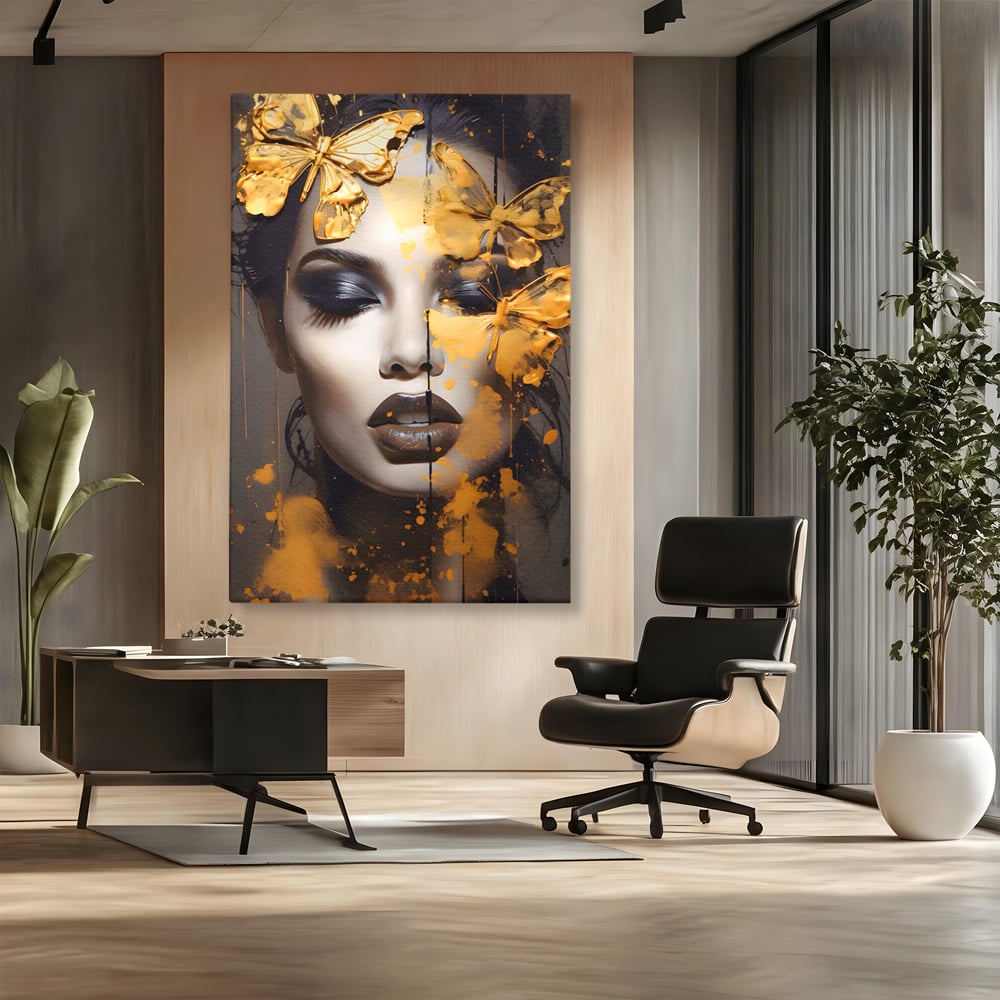 Tablou canvas cu tablou canvas cu portret de femeie si fluturi, fara rama, pe sasiu de lemn, pe perete intr-un birou